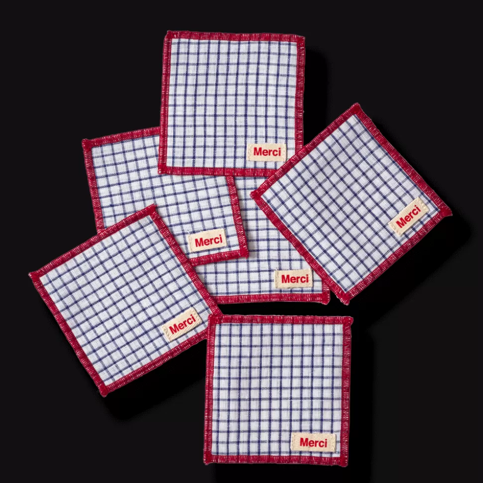 Ensemble de 6 dessous de verre en lin lavé - Carreaux Bleu Shibori>Merci Paris Best Sale
