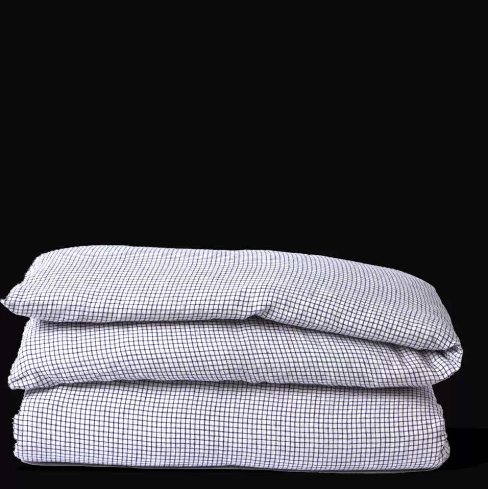 Housse de couette en lin lavé - Carreaux Bleu Shibori>Merci Paris Discount