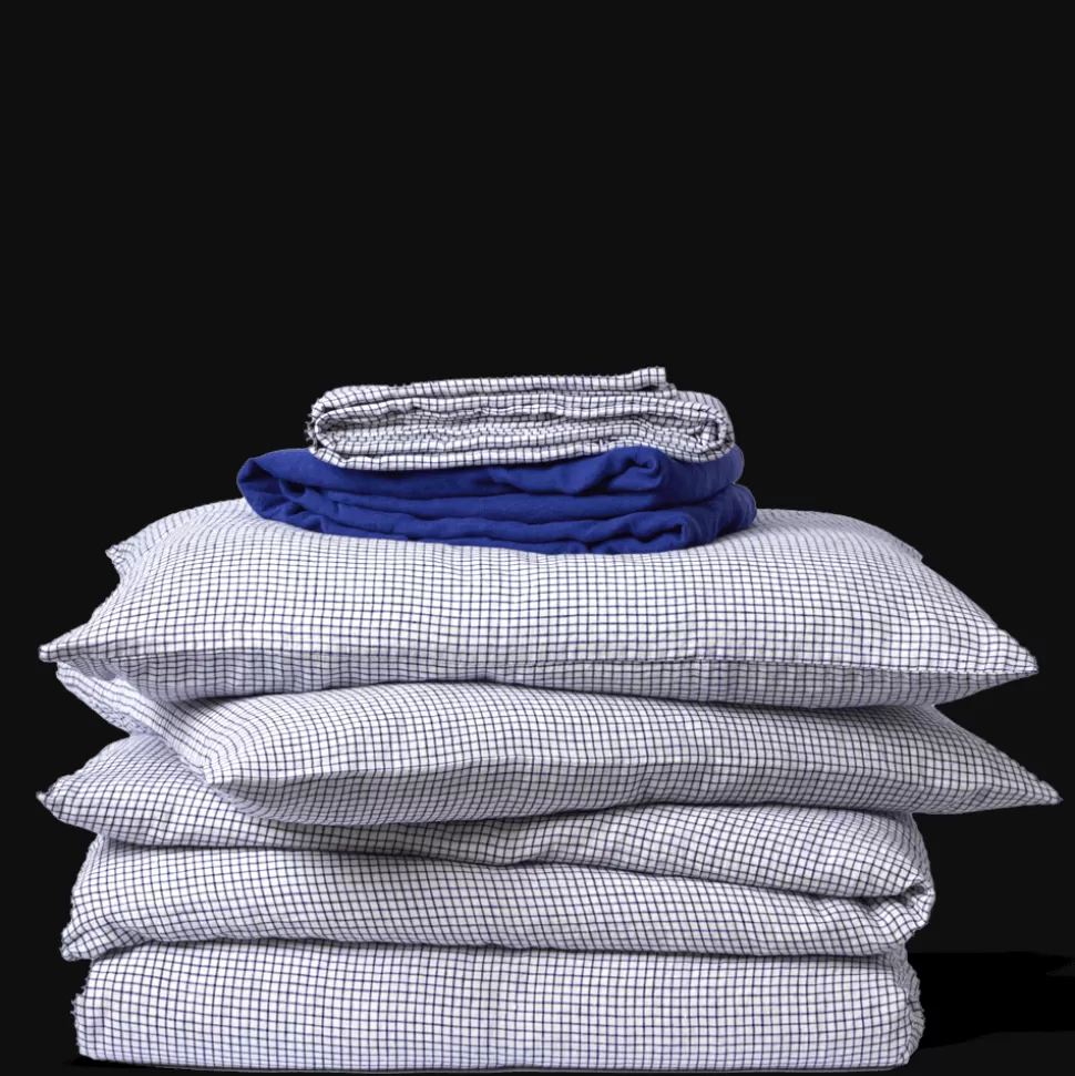 Housse de couette en lin lavé - Carreaux Bleu Shibori>Merci Paris Discount