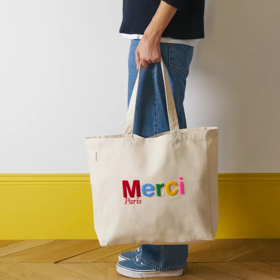 Merci - Tote Bag en coton Bouclette - Ecru & Multicolore>Merci Paris Cheap