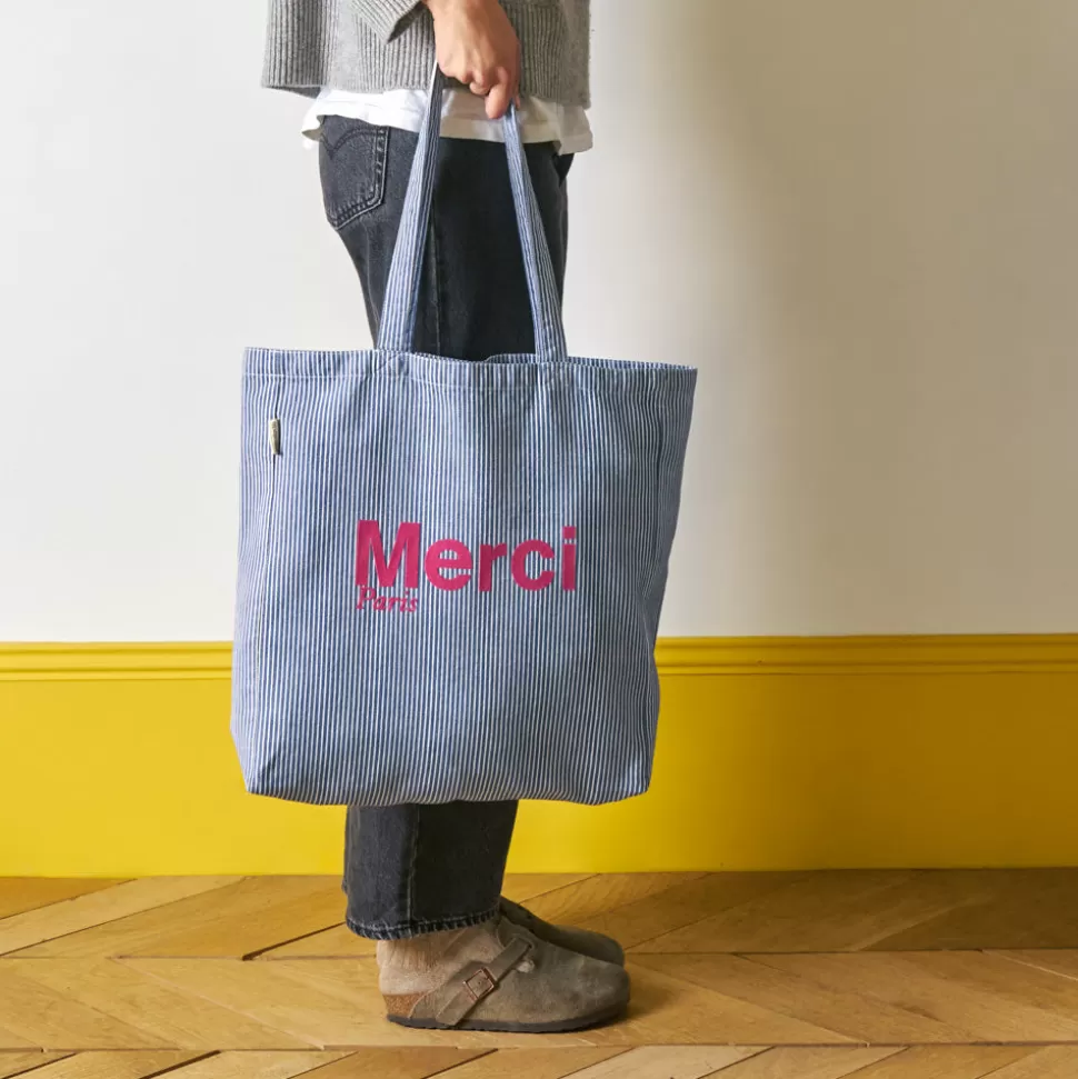 Merci - Tote Bag en coton Hickory - Marine & Rose>Merci Paris New
