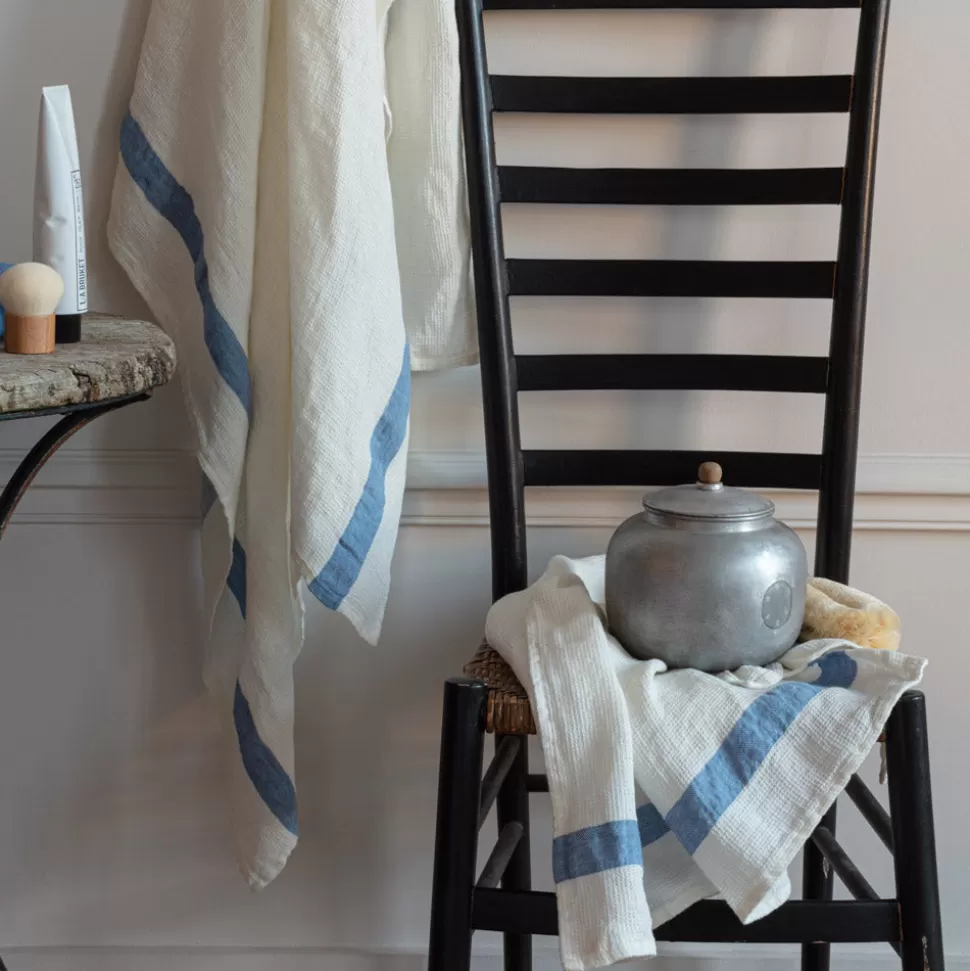 Serviette de bain en lin - Nid d'abeille - Bande Bleu Paros>Merci Paris Shop