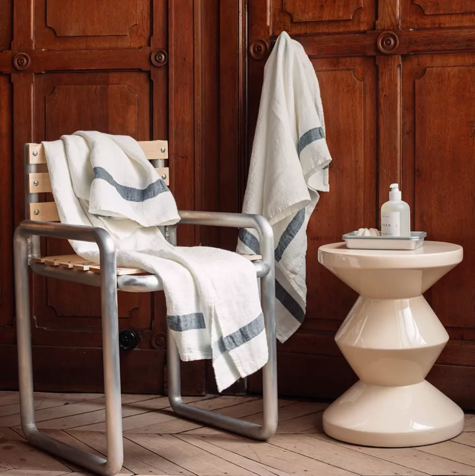 Serviette de bain en lin - Nid d'abeille - Bande Bleu Pétrole>Merci Paris Hot