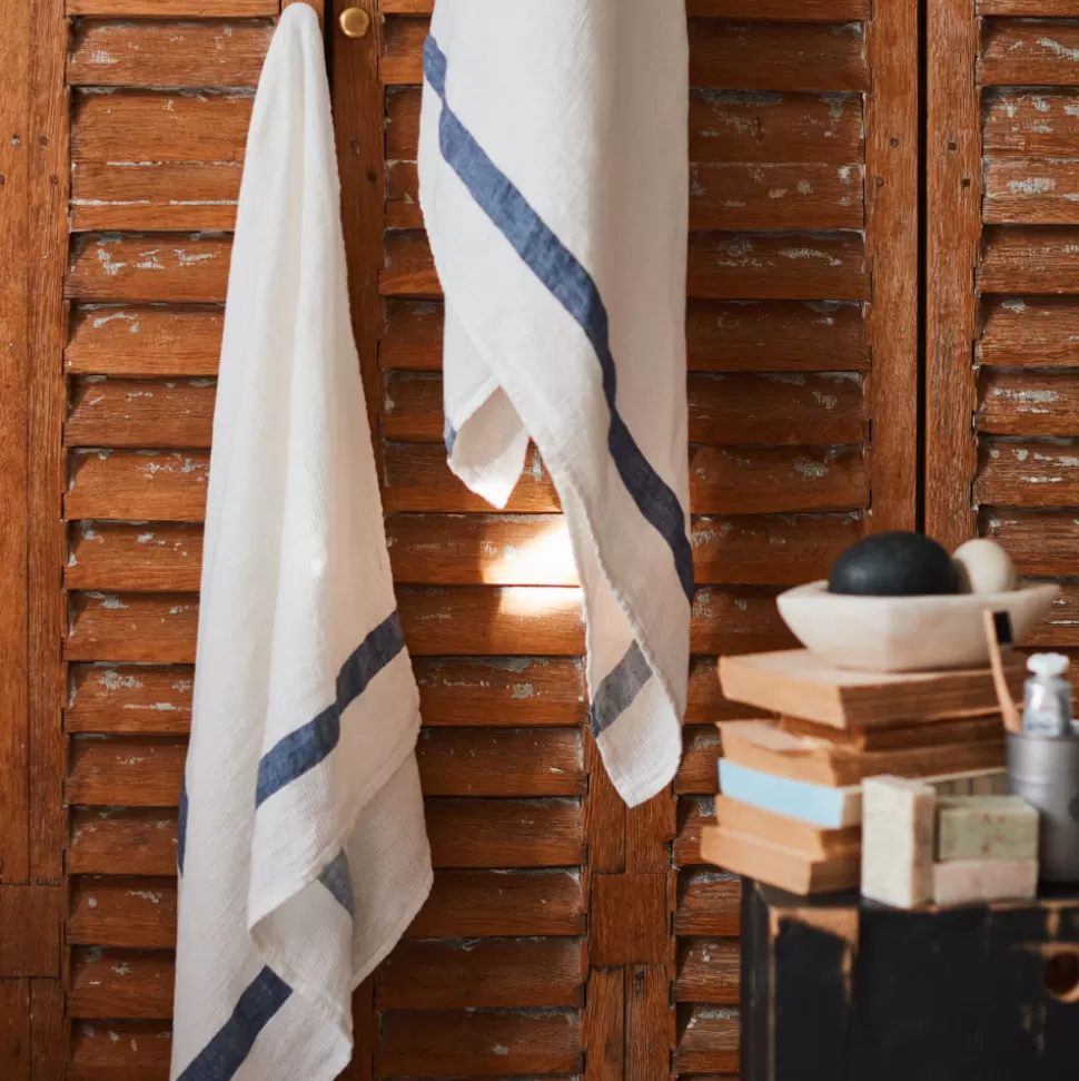 Serviette de bain en lin - Nid d'abeille - Bande Bleu Shibori>Merci Paris New