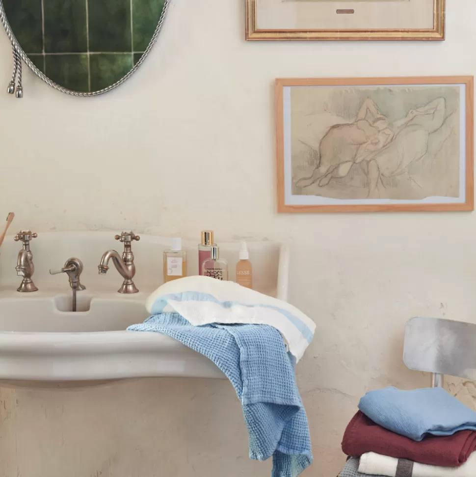 Serviette de bain en lin - Nid d'abeille - Bande Bleu Tyrrhénien>Merci Paris New