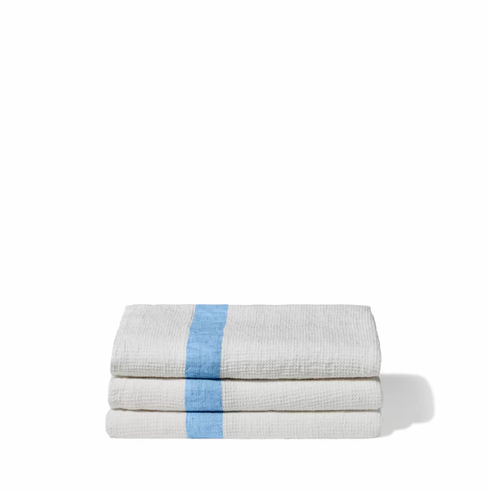 Serviette de bain en lin - Nid d'abeille - Bande Bleu Tyrrhénien>Merci Paris New
