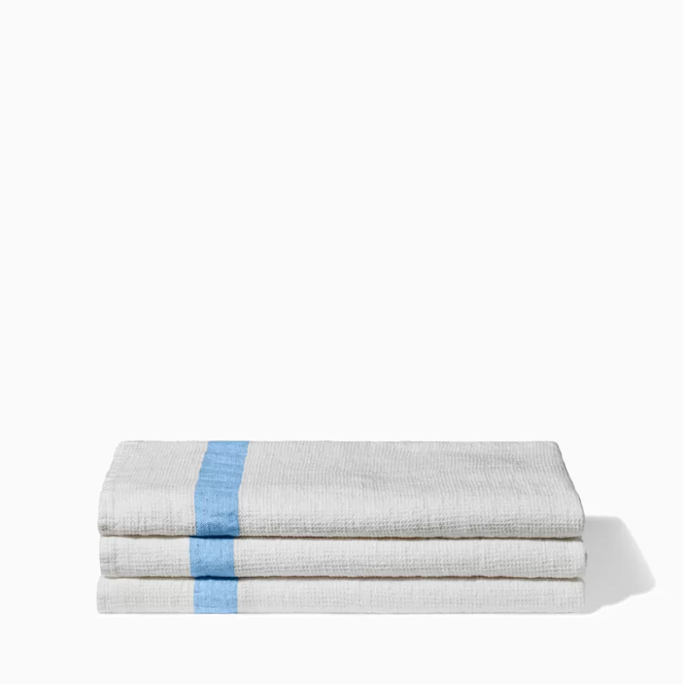 Serviette de bain en lin - Nid d'abeille - Bande Bleu Tyrrhénien>Merci Paris New