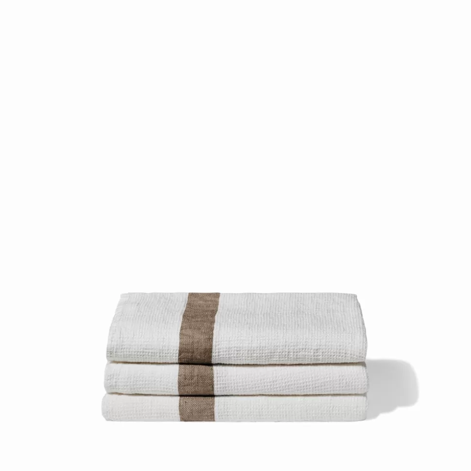 Serviette de bain en lin - Nid d'abeille - Bande Brun Cha Iro>Merci Paris Shop