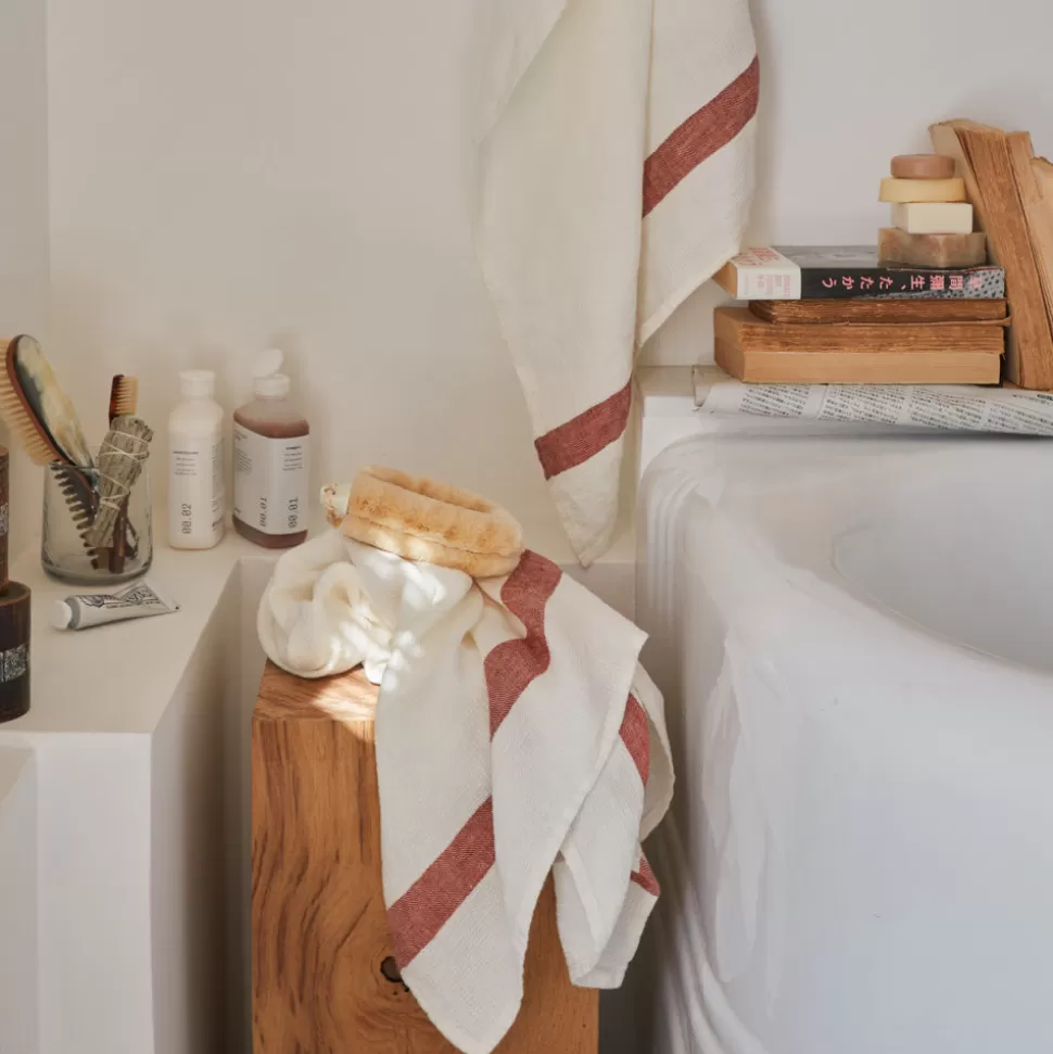 Serviette de bain en lin - Nid d'abeille - Bande Rouge Urushi>Merci Paris Shop