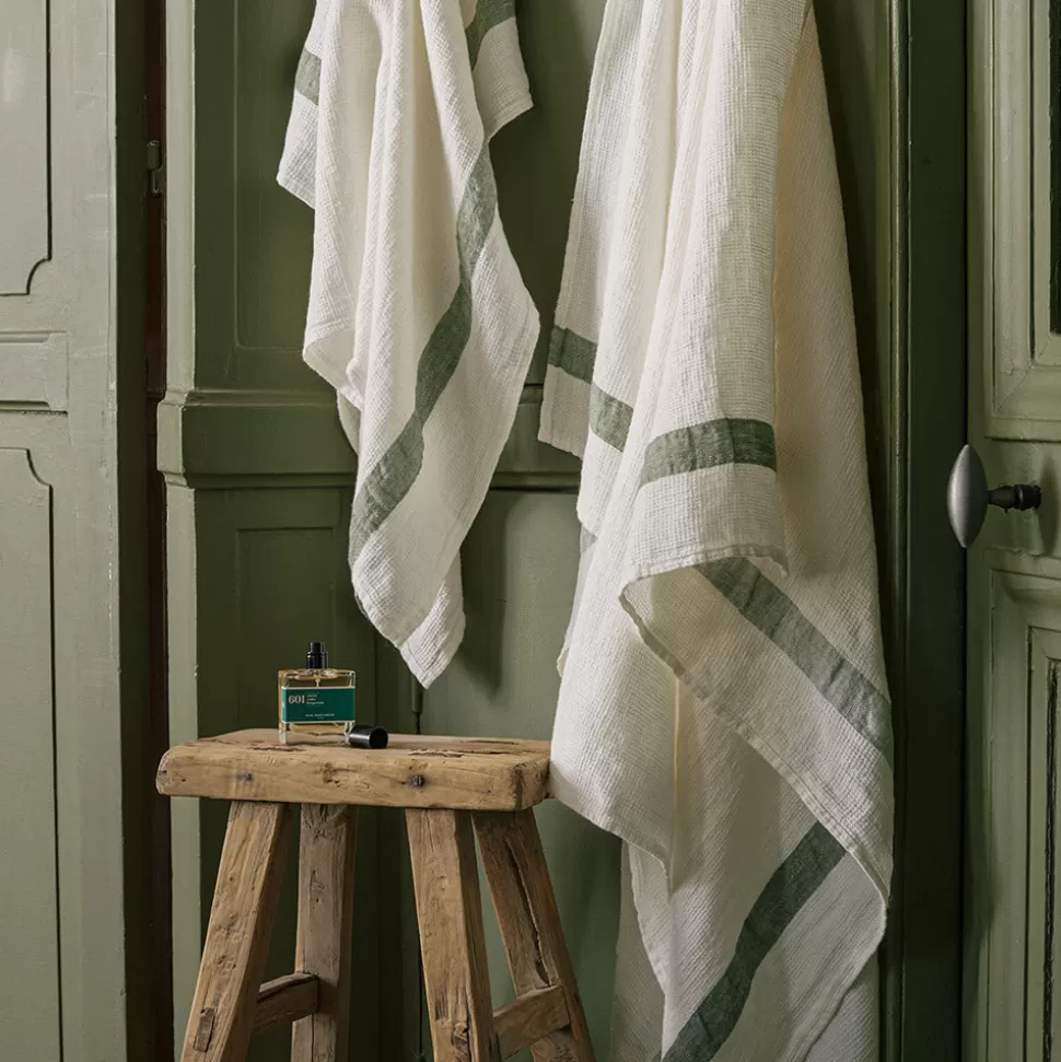 Serviette de bain en lin - Nid d'abeille - Bande Vert d'Anduze>Merci Paris Fashion