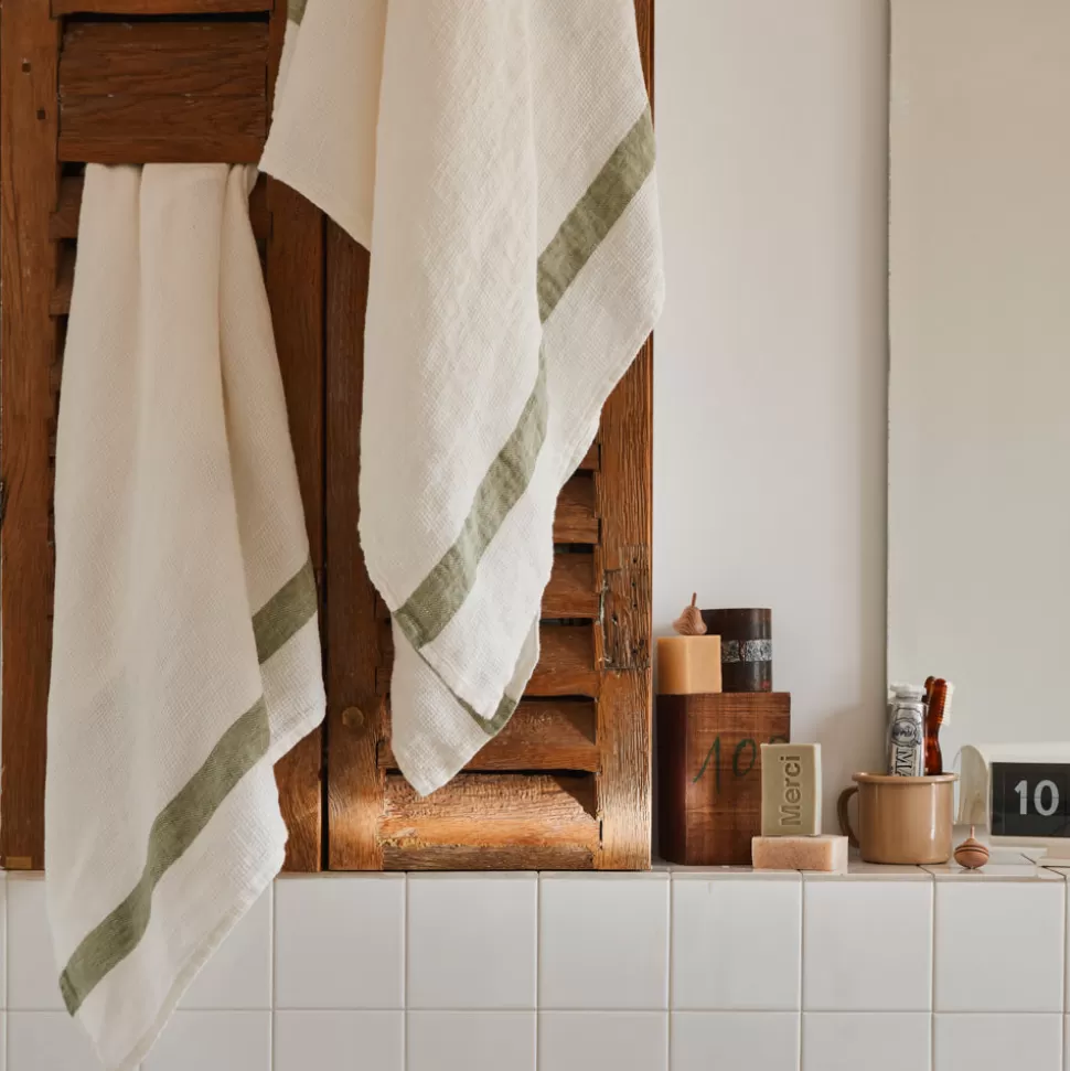 Serviette de bain en lin - Nid d'abeille - Bande Vert Komorebi>Merci Paris Flash Sale