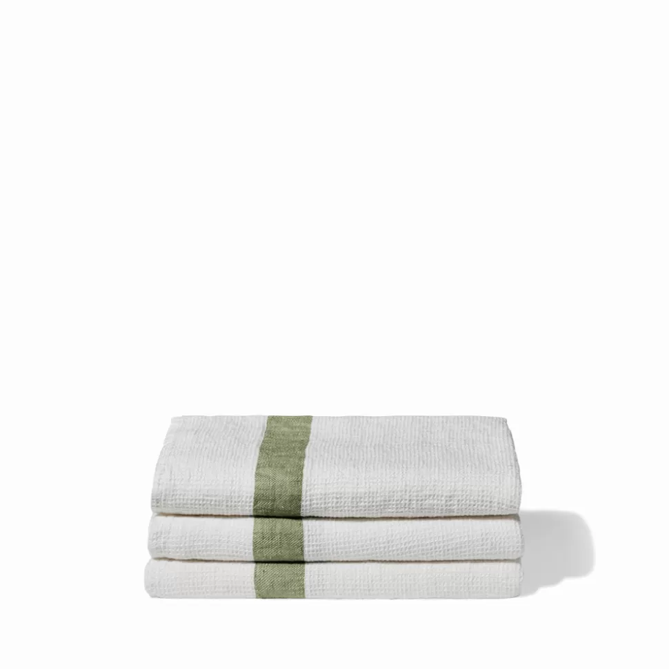Serviette de bain en lin - Nid d'abeille - Bande Vert Komorebi>Merci Paris Flash Sale