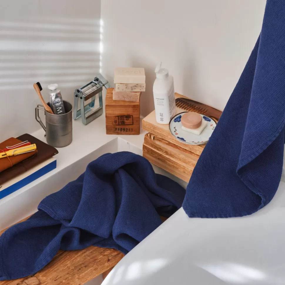 Serviette de bain en lin - Nid d'abeille - Bleu Shibori>Merci Paris Clearance