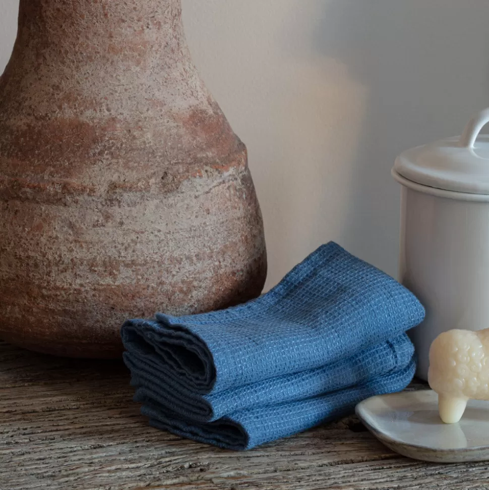 Serviette de bain invité en lin - Nid d'abeille - Bleu Paros>Merci Paris Shop