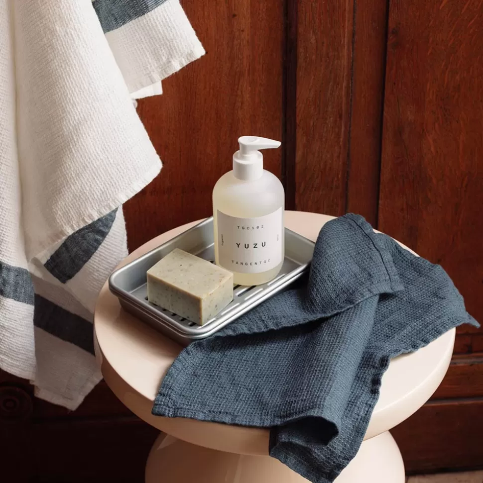 Serviette de bain invité en lin - Nid d'abeille - Bleu Pétrole>Merci Paris Best Sale
