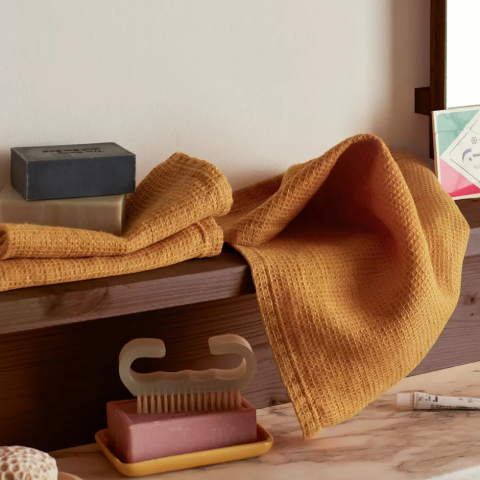 Serviette de bain invité en lin - Nid d'abeille - Jaune Asahi>Merci Paris New