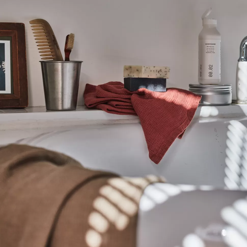 Serviette de bain invité en lin - Nid d'abeille - Rouge Urushi>Merci Paris Sale