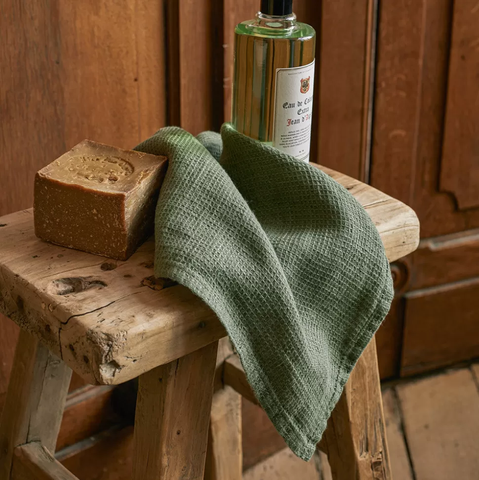 Serviette de bain invité en lin - Nid d'abeille - Vert d'Anduze>Merci Paris Sale