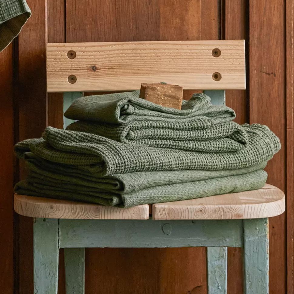 Serviette de bain invité en lin - Nid d'abeille - Vert d'Anduze>Merci Paris Sale